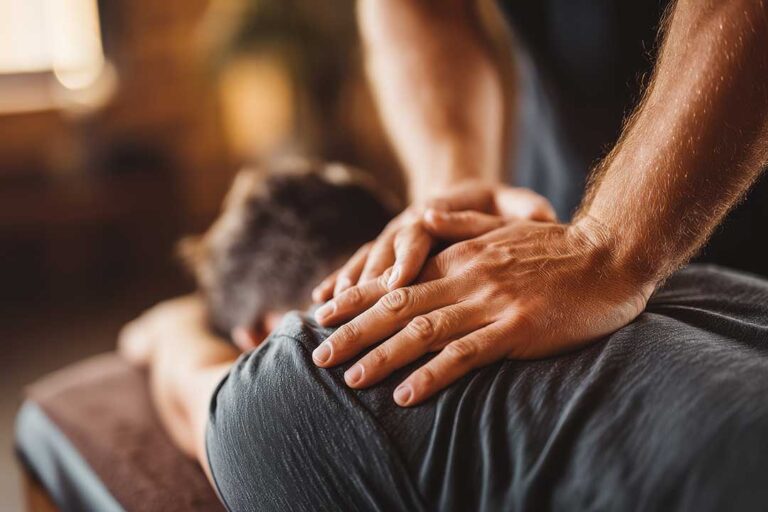 A person using a foam roller on their upper back in a cozy living room setting.